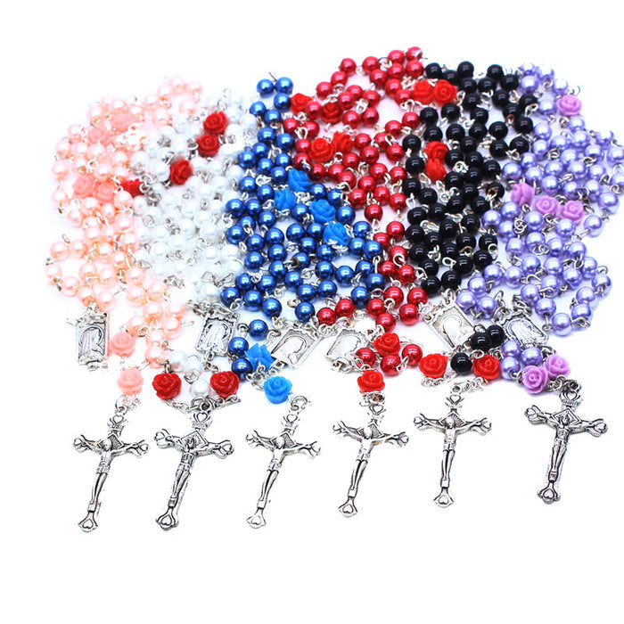 6mm Rose Flower Pearl Rosary Necklace Cross Christian Catholic Jewelry