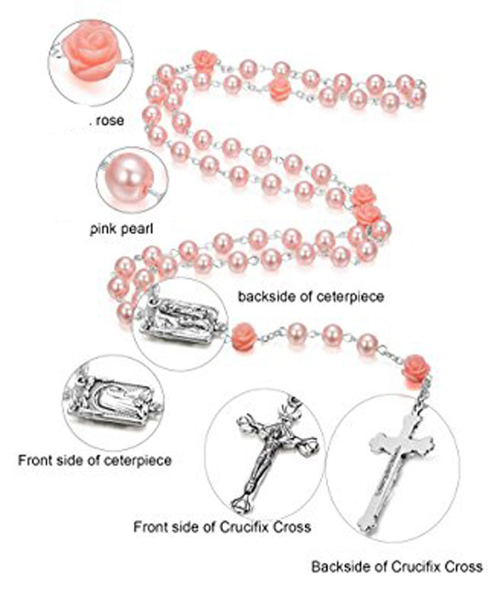 6mm Rose Flower Pearl Rosary Necklace Cross Christian Catholic Jewelry