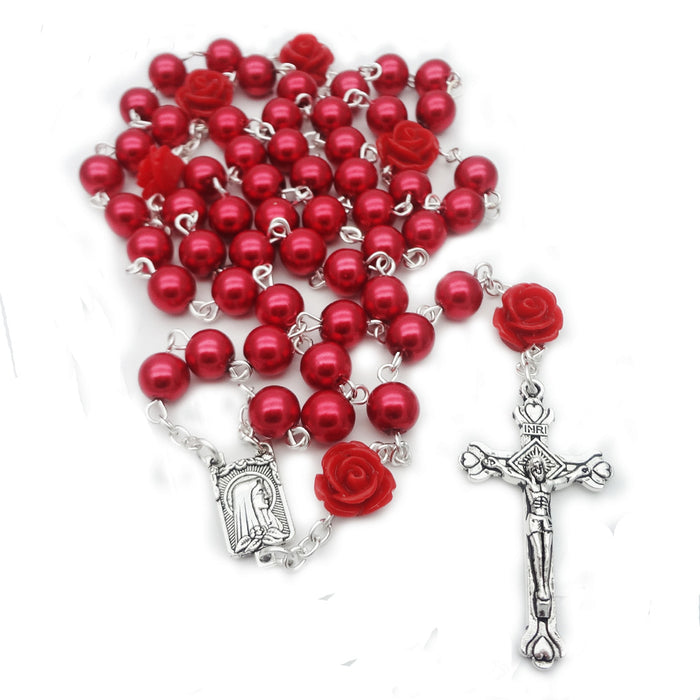 6mm Rose Flower Pearl Rosary Necklace Cross Christian Catholic Jewelry