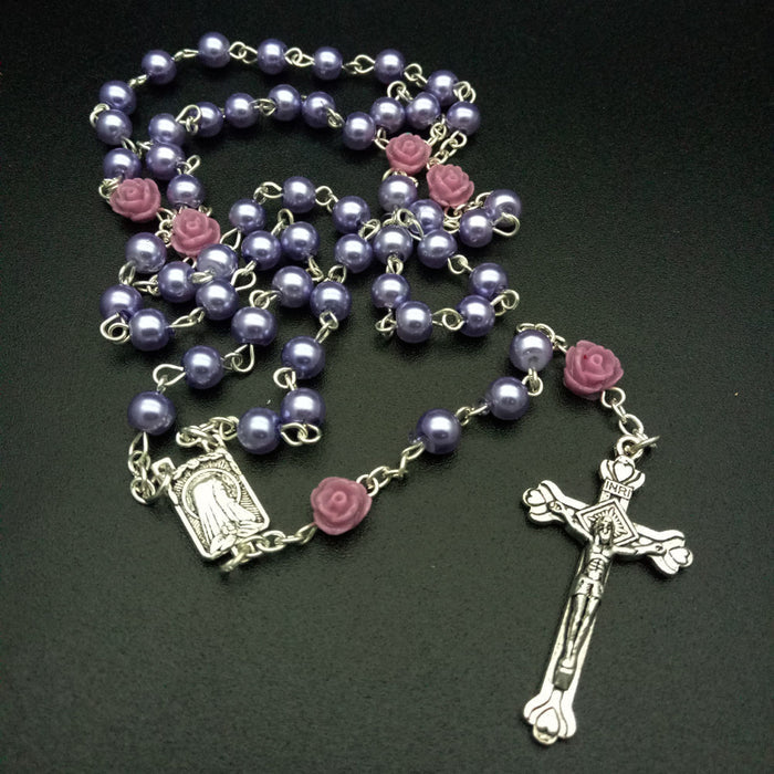 6mm Rose Flower Pearl Rosary Necklace Cross Christian Catholic Jewelry