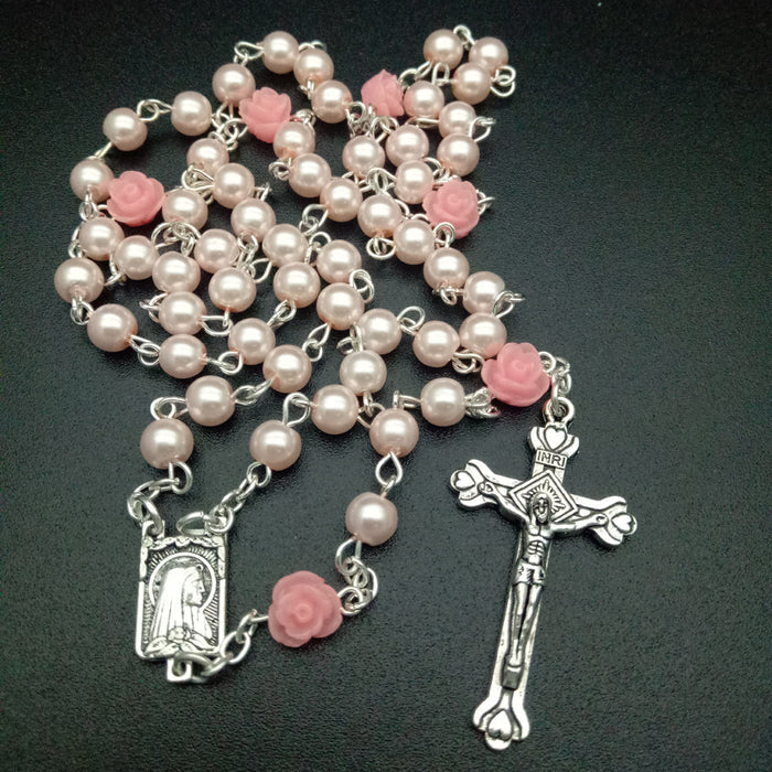 6mm Rose Flower Pearl Rosary Necklace Cross Christian Catholic Jewelry