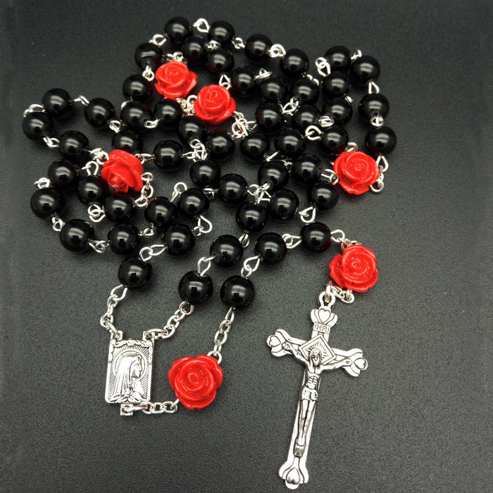 6mm Rose Flower Pearl Rosary Necklace Cross Christian Catholic Jewelry