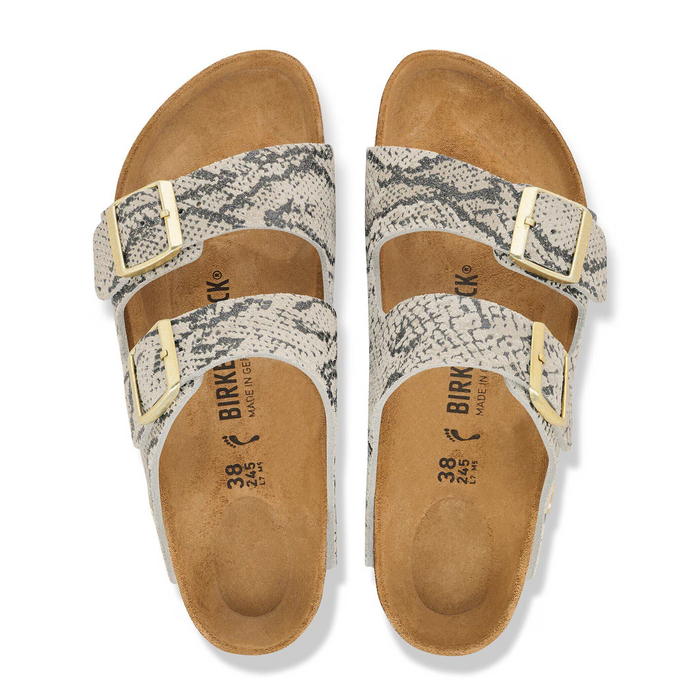 Birkenstock Arizona Slide Sandal (Women) - Snake Print Oyster Suede Sandal - Slide - The Heel Shoe Fitters