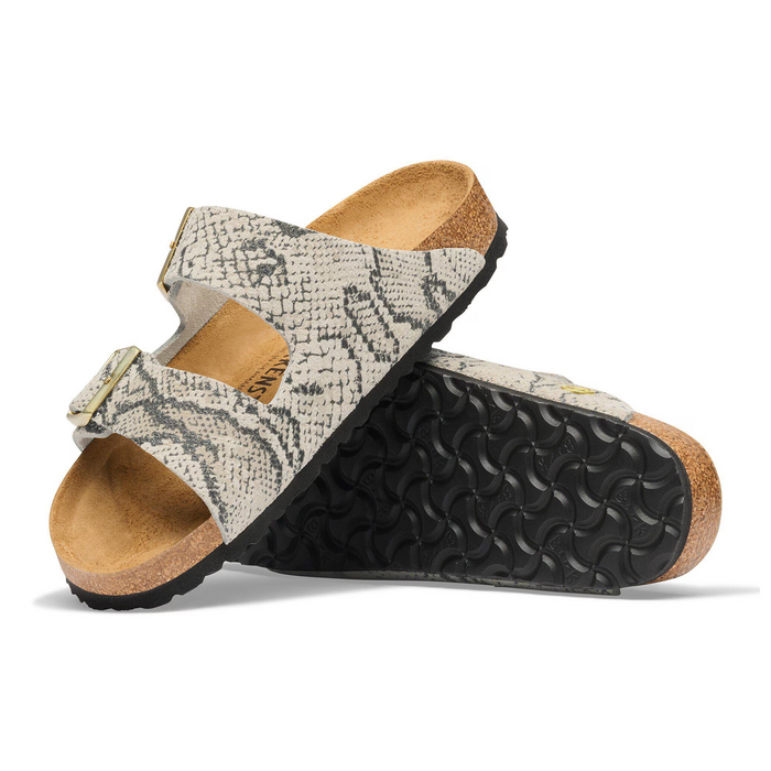 Birkenstock Arizona Slide Sandal (Women) - Snake Print Oyster Suede Sandal - Slide - The Heel Shoe Fitters