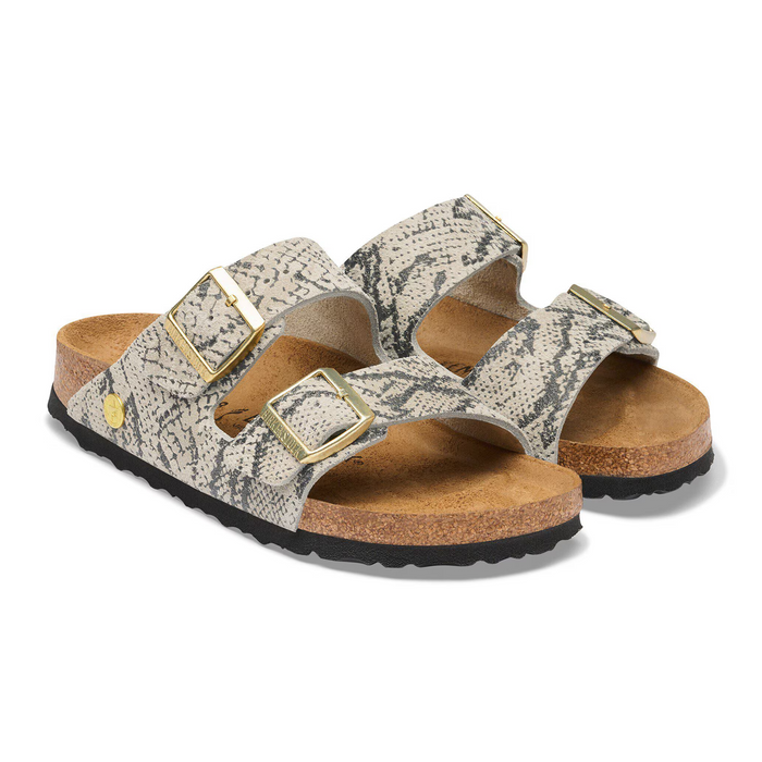 Birkenstock Arizona Slide Sandal (Women) - Snake Print Oyster Suede Sandal - Slide - The Heel Shoe Fitters