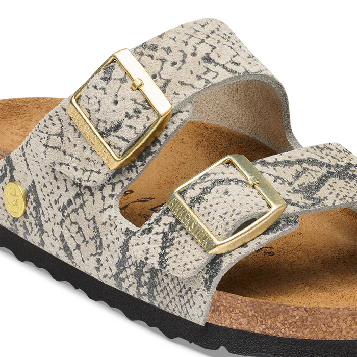 Birkenstock Arizona Slide Sandal (Women) - Snake Print Oyster Suede Sandal - Slide - The Heel Shoe Fitters