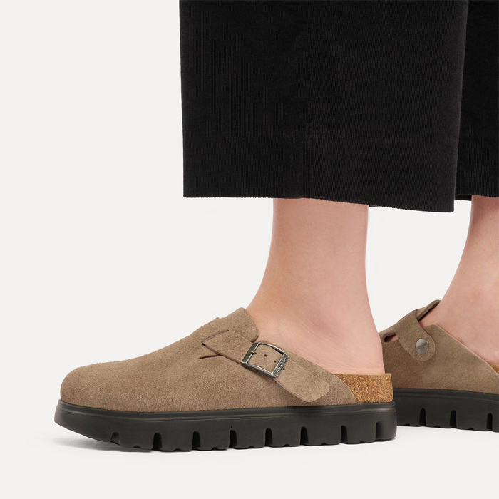 Birkenstock Boston Chunky Clog (Women) - Gray Taupe Suede Dress-Casual - Clogs & Mules - The Heel Shoe Fitters