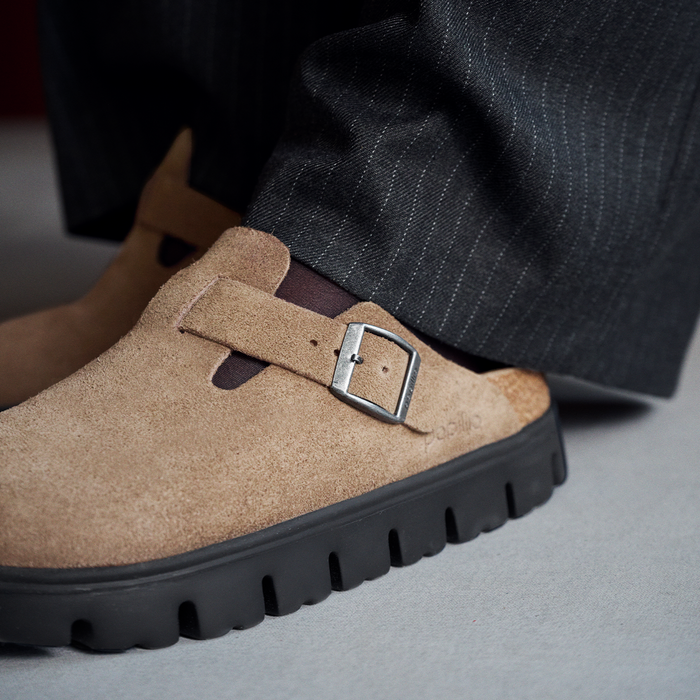 Birkenstock Boston Chunky Clog (Women) - Gray Taupe Suede Dress-Casual - Clogs & Mules - The Heel Shoe Fitters