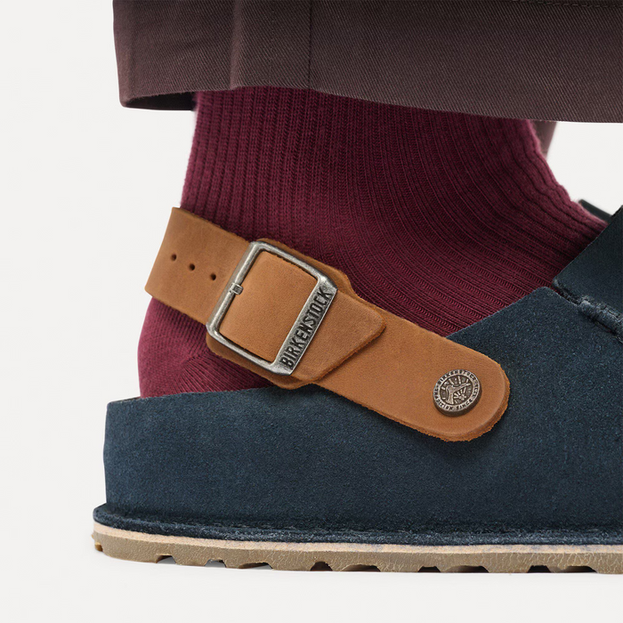 Birkenstock Lutry Clog (Men) - Navy Suede/Cognac Oiled Leather Dress-Casual - Clogs & Mules - The Heel Shoe Fitters