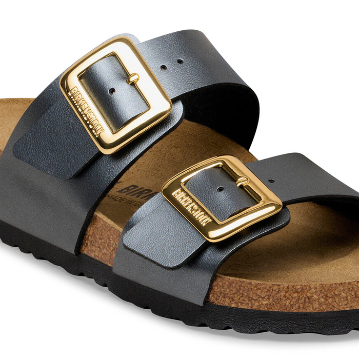 Birkenstock Sydney Luxe Buckle Slide Sandal (Women) - Metallic Black Birko-Flor Sandal - Slide - The Heel Shoe Fitters
