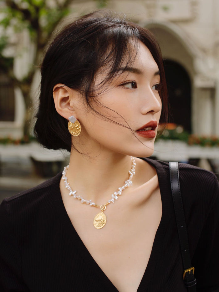 Brass Retro Natural Stone Pearl Necklace Earrings  Women Jewelry Earrings