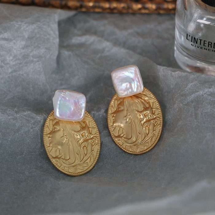 Brass Retro Natural Stone Pearl Necklace Earrings  Women Jewelry Earrings