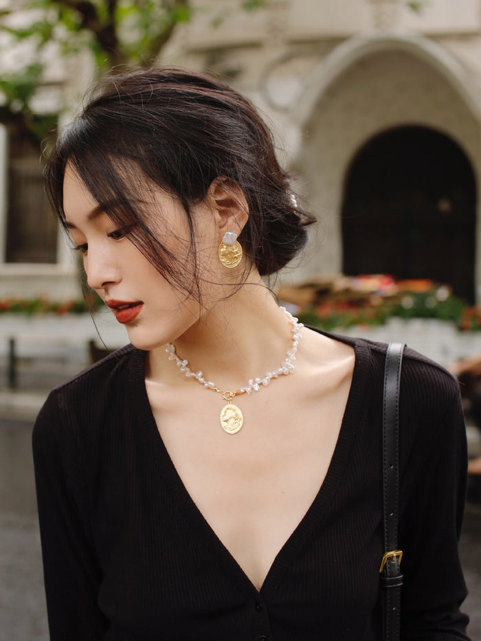Brass Retro Natural Stone Pearl Necklace Earrings  Women Jewelry Earrings