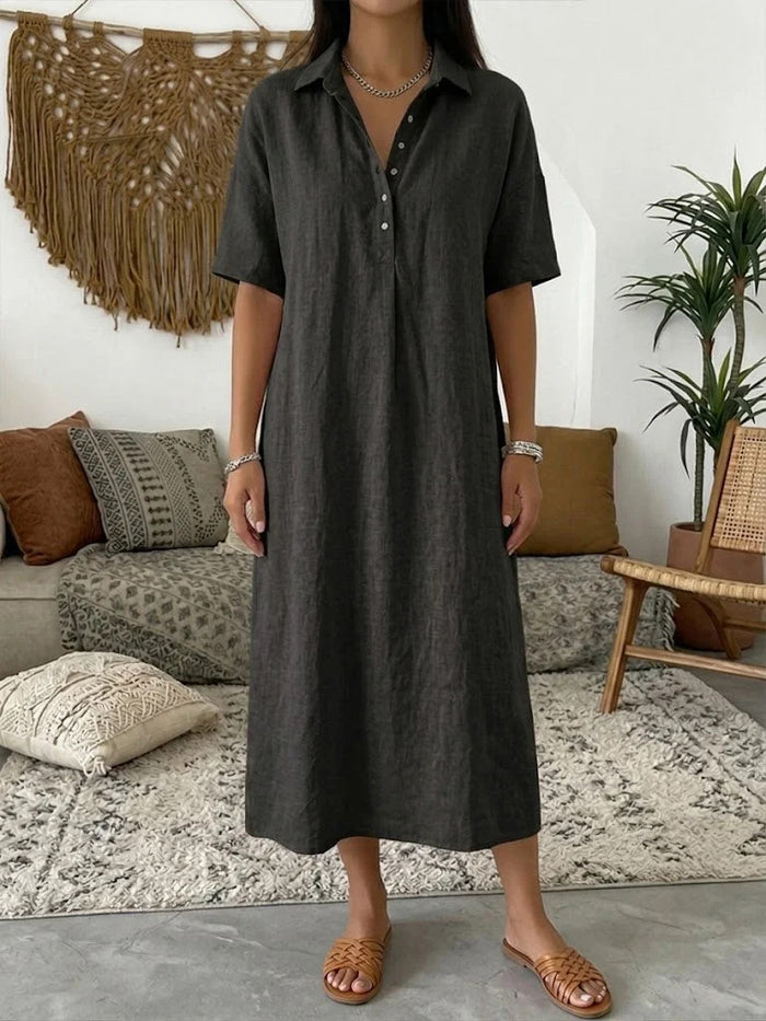 Casual Straight Fit Comfortable Linen Short Sleeve Polo Neck Dress for Women
