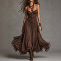 Chiffon Printed Strap Fitted Long Dress, Vintage Flowy Maxi Dress