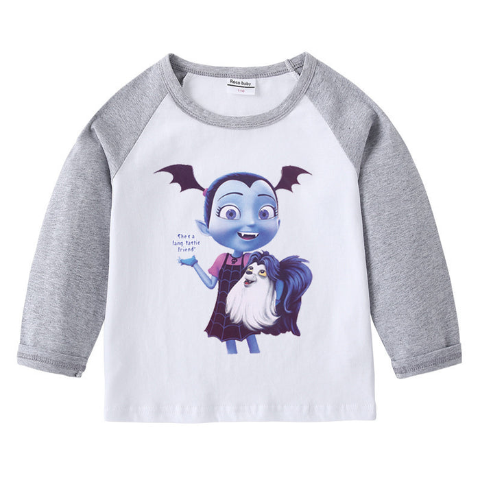 Children's pure cotton shoulder T-shirt with round neck and long sleeves