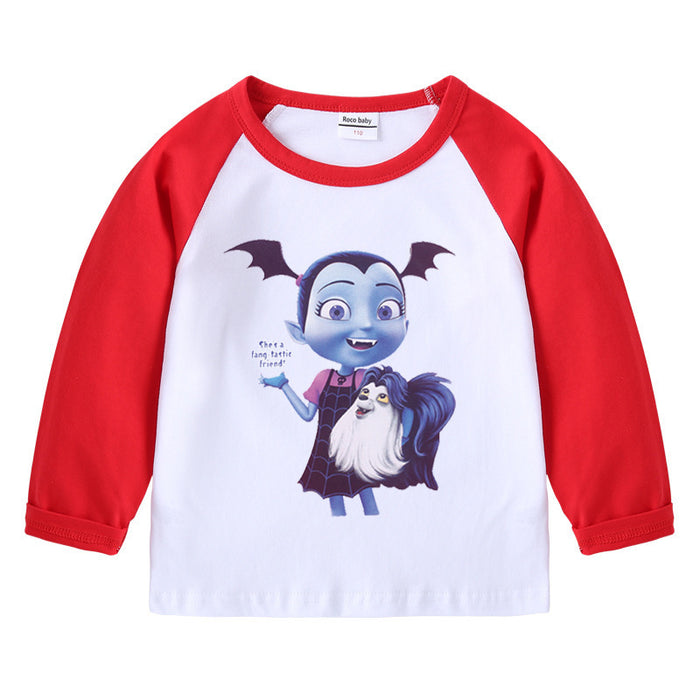 Children's pure cotton shoulder T-shirt with round neck and long sleeves