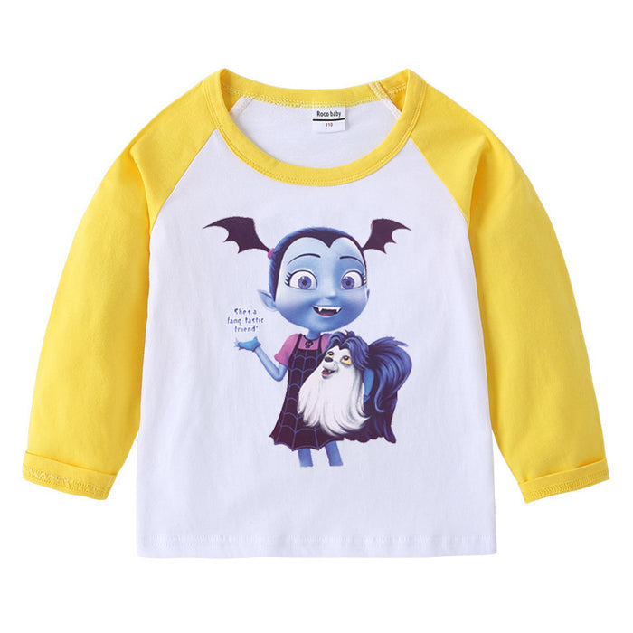 Children's pure cotton shoulder T-shirt with round neck and long sleeves