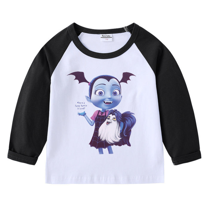 Children's pure cotton shoulder T-shirt with round neck and long sleeves