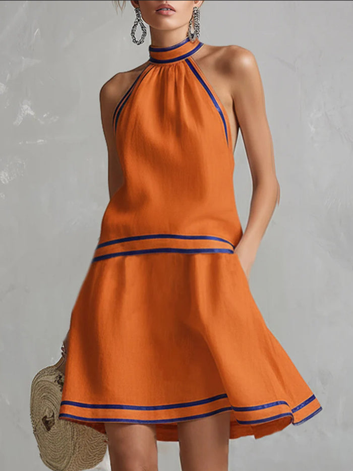 Choker Neck Fashion Short Dress with Striped Trim, Comfortable Sleeveless Fitted Dress