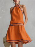 Choker Neck Fashion Short Dress with Striped Trim, Comfortable Sleeveless Fitted Dress
