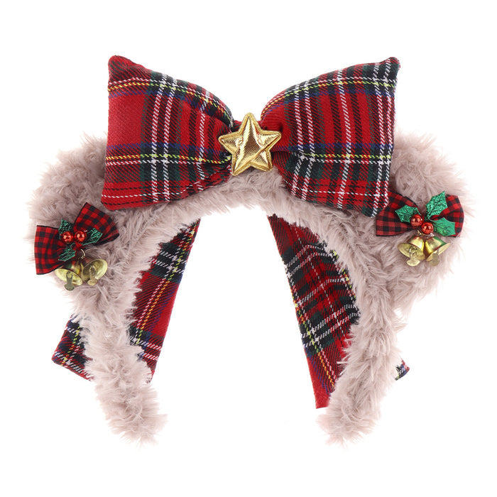 Christmas Plush Shellelue Headband with Bow, Red Kitty Hairband for Theme Park Photos