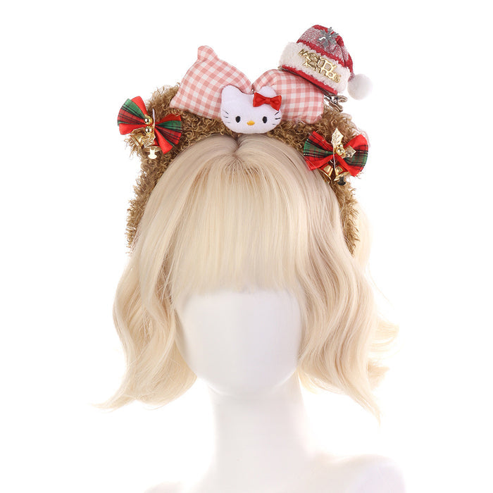 Christmas Plush Shellelue Headband with Bow, Red Kitty Hairband for Theme Park Photos