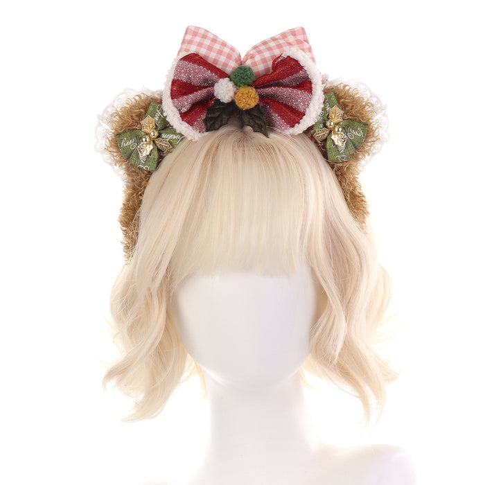 Christmas Plush Shellelue Headband with Bow, Red Kitty Hairband for Theme Park Photos