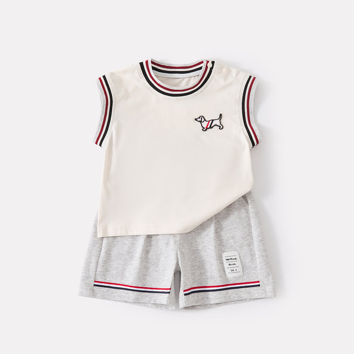 Color-Blocking Collar Cartoon Embroidered Vest with Breathable Shorts Knit Two-Piece Set