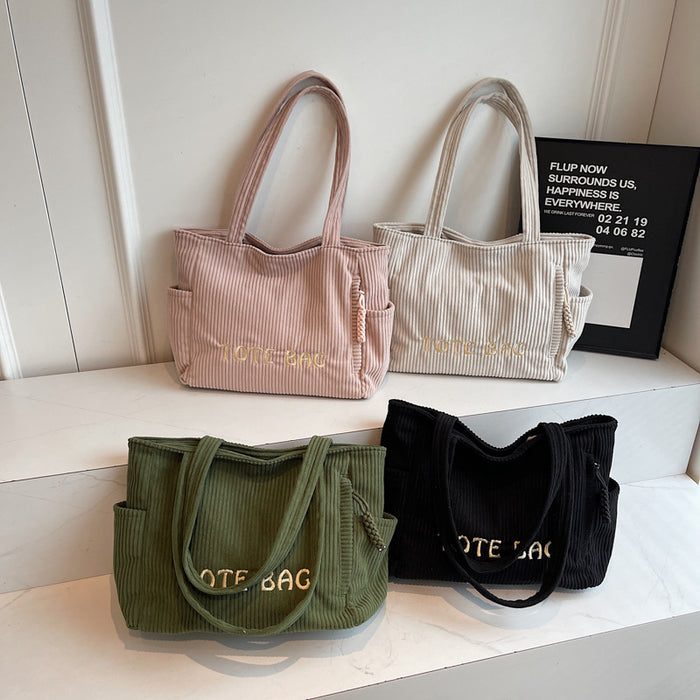 Corduroy shoulder bag large capacity student class bag women's solid color tote bag ﻿