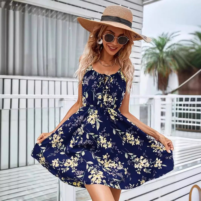 Elegant Sleeveless Printed Dress with Elastic Waist and Straps for Women
