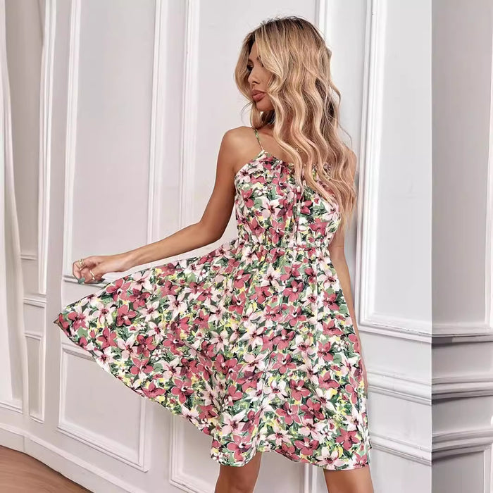 Elegant Sleeveless Printed Dress with Elastic Waist and Straps for Women