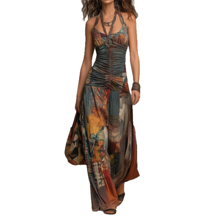 French Oil Painting Print Vintage Off-Shoulder Sexy Jumpsuit for Women Summer