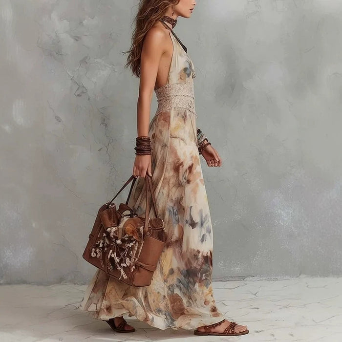 French Vintage Painted Floral Backless Strapless Summer Beach Vacation Long Dress