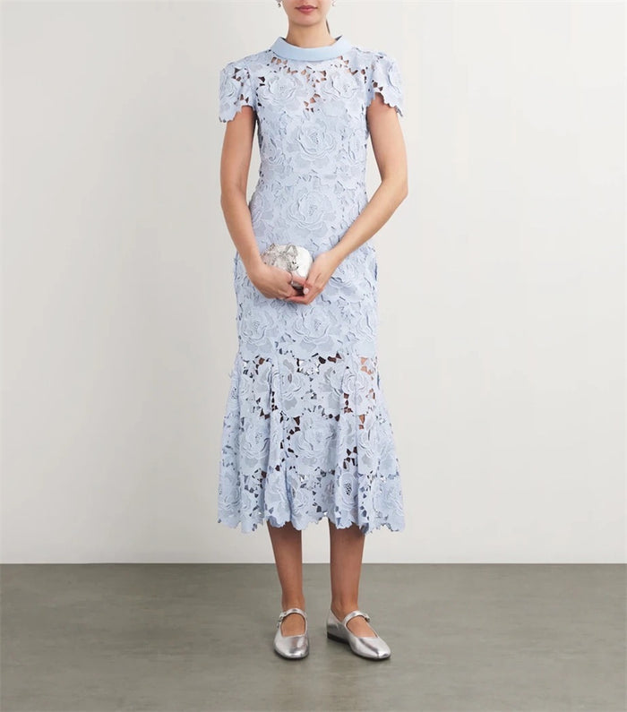 High neck short sleeved lace dress