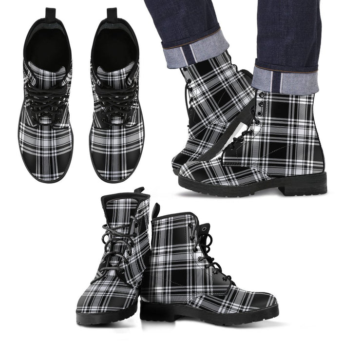 Menzies Black & White Modern Tartan Leather Boots Footwear Shoes