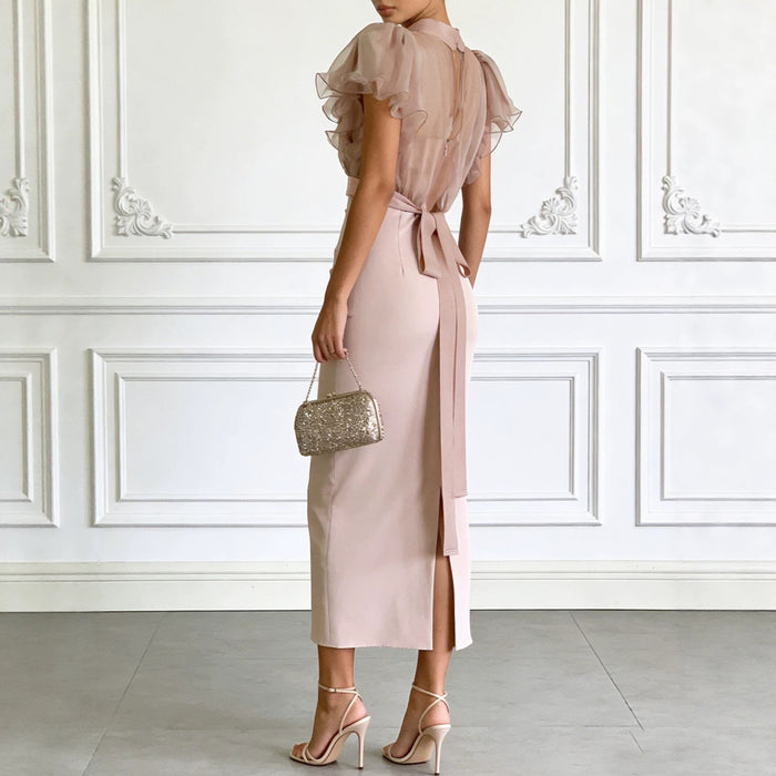 Mesh lace up waist bag hip dress