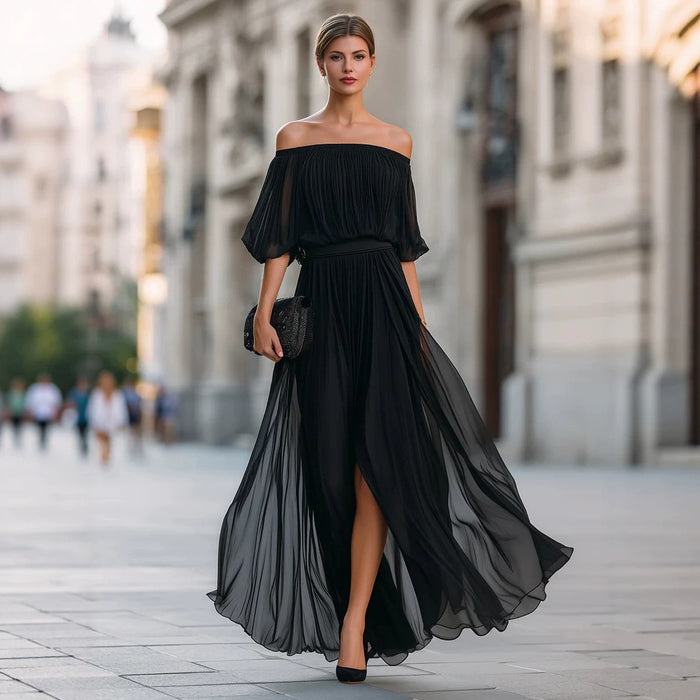 New Black Chiffon Maxi Dress with Split, One-Shoulder Design, Flowing and Draping Skirt
