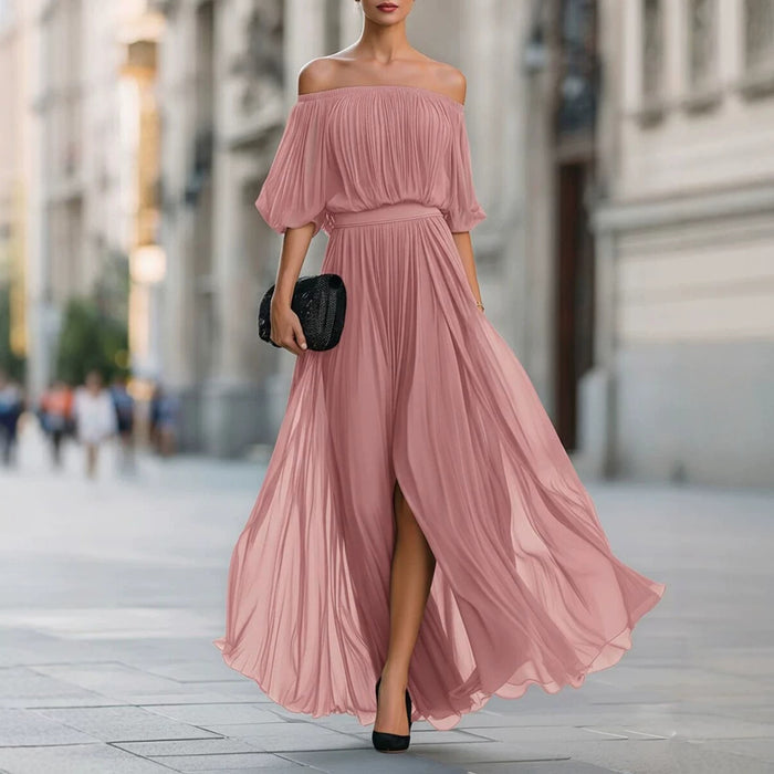 New Black Chiffon Maxi Dress with Split, One-Shoulder Design, Flowing and Draping Skirt