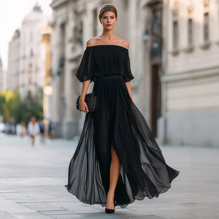 New Black Chiffon Maxi Dress with Split, One-Shoulder Design, Flowing and Draping Skirt
