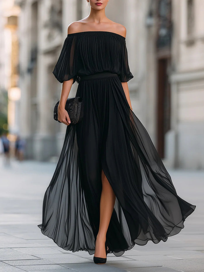 New Black Chiffon Maxi Dress with Split, One-Shoulder Design, Flowing and Draping Skirt