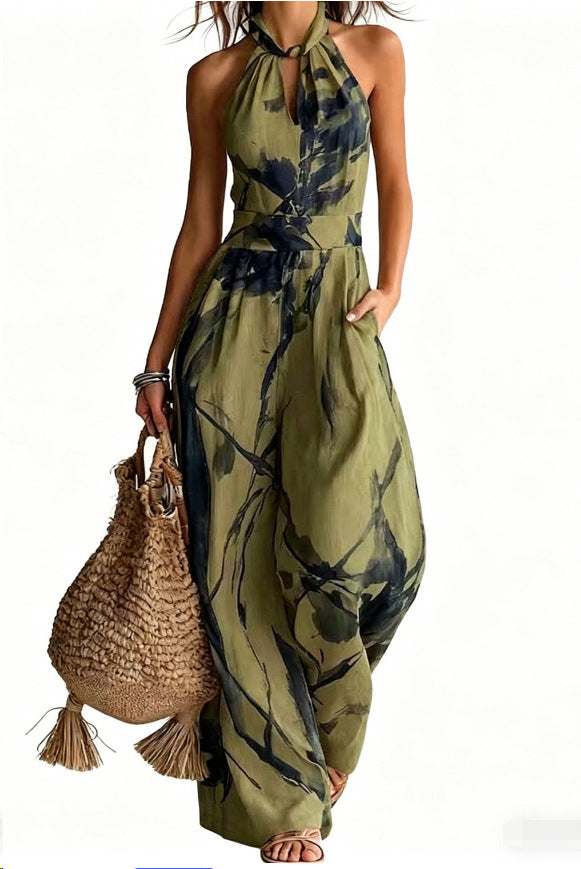 New halter backless jumpsuit, blue and white tie-dye wide-leg pants, summer beach women's wear