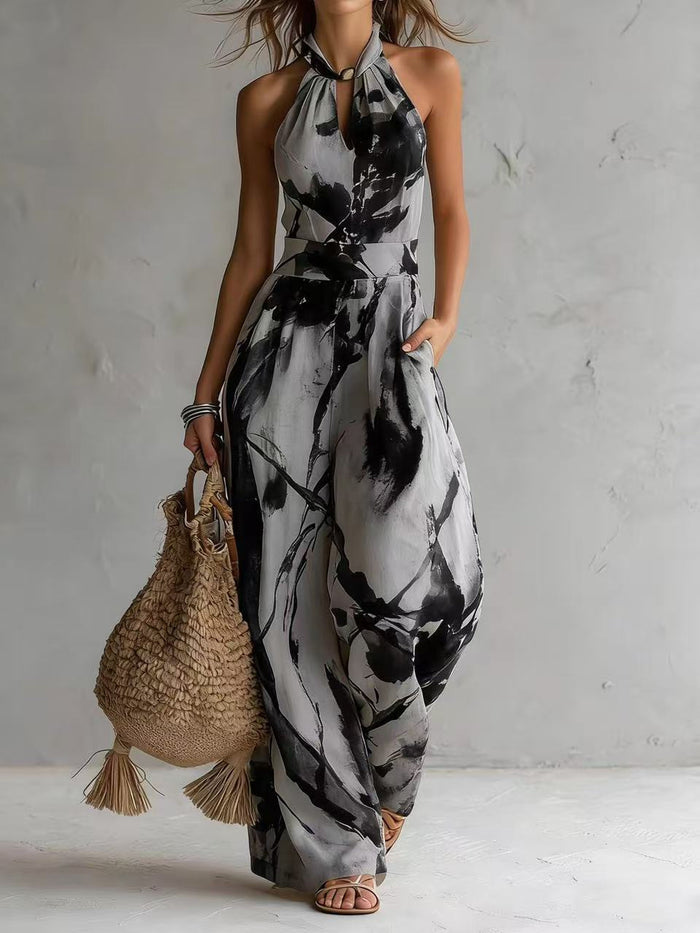 New halter backless jumpsuit, blue and white tie-dye wide-leg pants, summer beach women's wear