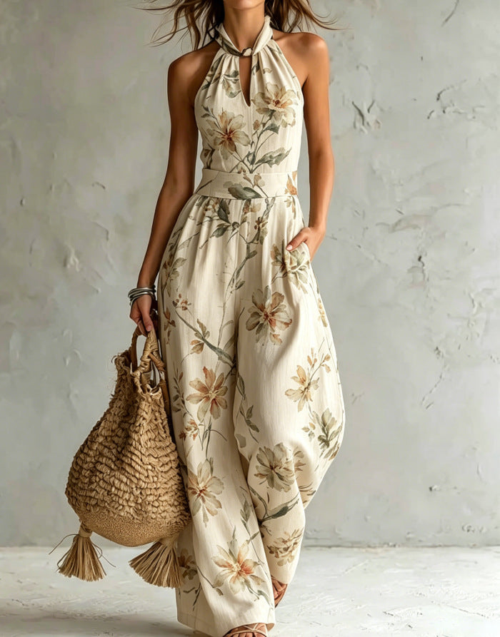 New halter backless jumpsuit, blue and white tie-dye wide-leg pants, summer beach women's wear