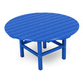 POLYWOOD 38" Conversation Table in Pacific Blue with a slatted round top and strong legs, highlighting American-made outdoor craftsmanship.