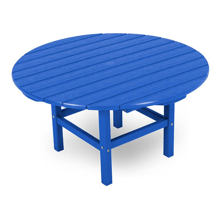 POLYWOOD 38" Conversation Table in Pacific Blue with a slatted round top and strong legs, highlighting American-made outdoor craftsmanship.