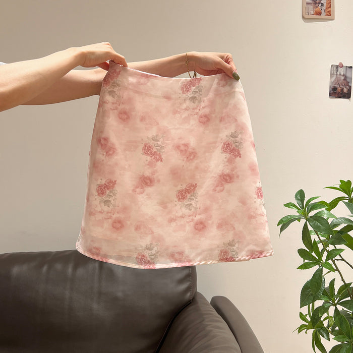 Pink Printed High-Waisted Flowy Midi Skirt for Women, Stylish Fitted Slimming Design