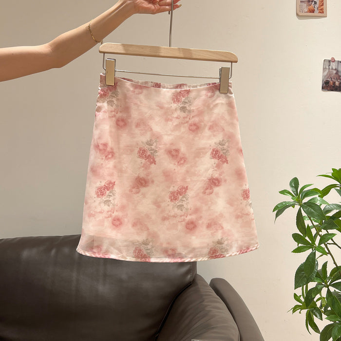 Pink Printed High-Waisted Flowy Midi Skirt for Women, Stylish Fitted Slimming Design