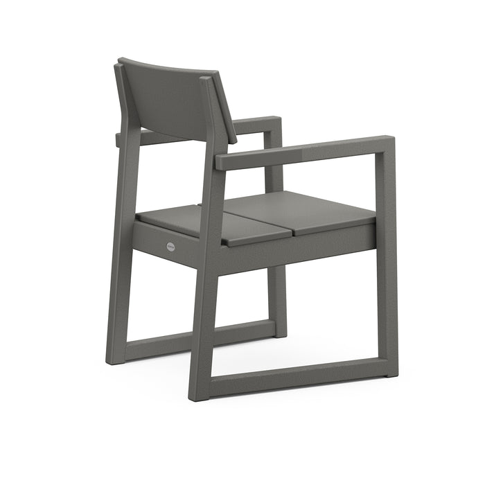Gray POLYWOOD EDGE Dining Arm Chair with angled legs, discontinued, highlighting its modern design and craftsmanship.
