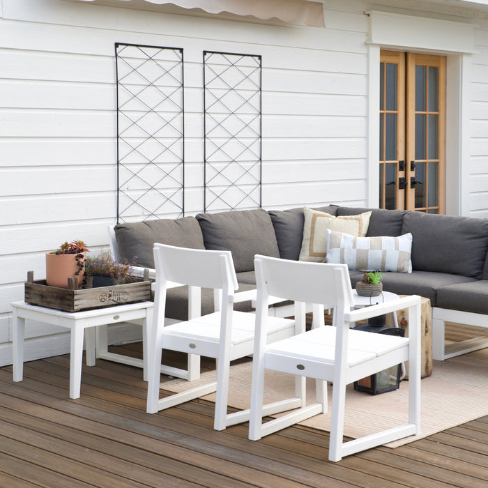 POLYWOOD EDGE Dining Chair and gray sectional sofa as the centerpiece, showcasing premium American made outdoor furniture.